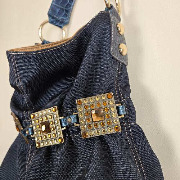 Kathy Van Zeeland Embellished Croc Shoulder Bag Navy - Picture 4 of 11